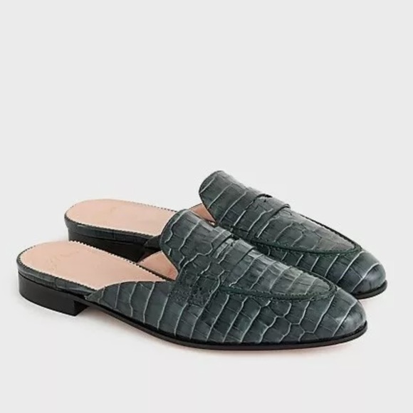 Used J. Crew Dark Green Crocodile Embossed Academy Mules Loafer - Picture 2 of 11